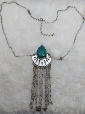 Silver Tone Tear-drop Natural Malachite Stone Pendent Necklace Layered Chain Tas